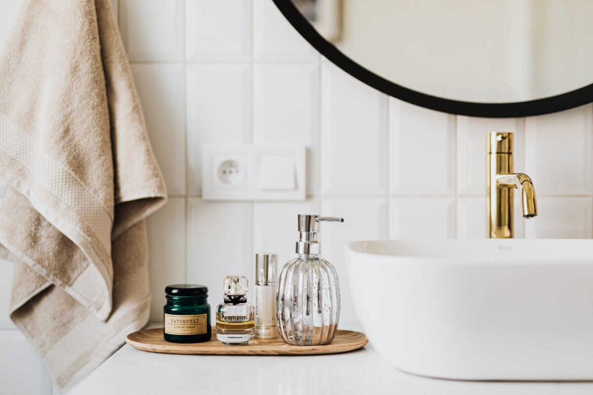 set of skin care products in contemporary bathroom